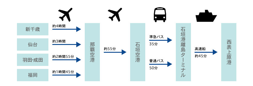 「各地から那覇経由」で石垣島＋「バス」＋「高速船」を利用した場合